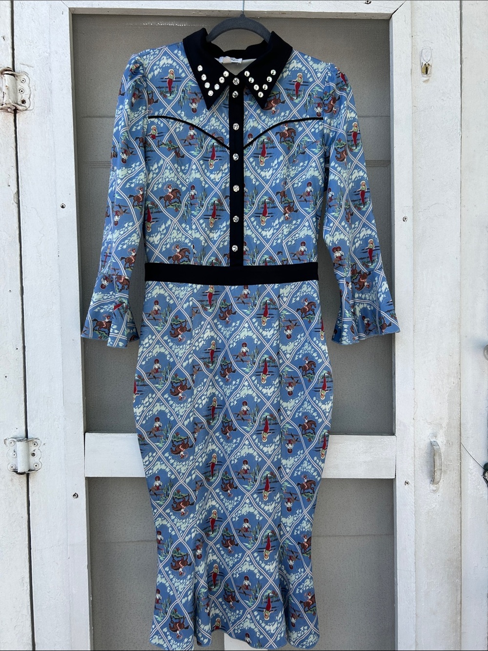 Blue Patterned Long Sleeve Midi Dress with Contrast Collar
